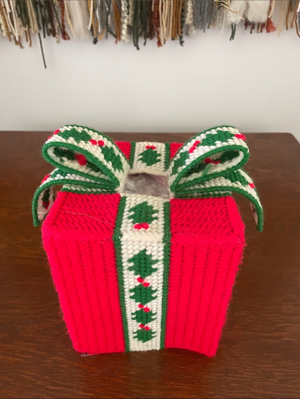 Handmade Red Knit Holiday tissue Box with Green & Cream Bow